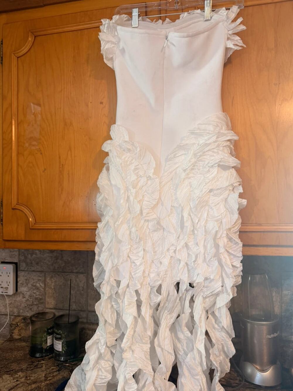 LECLA Los Angeles SM/MED White Strapless Ruffle Waterfall Bodycon Midi Dress